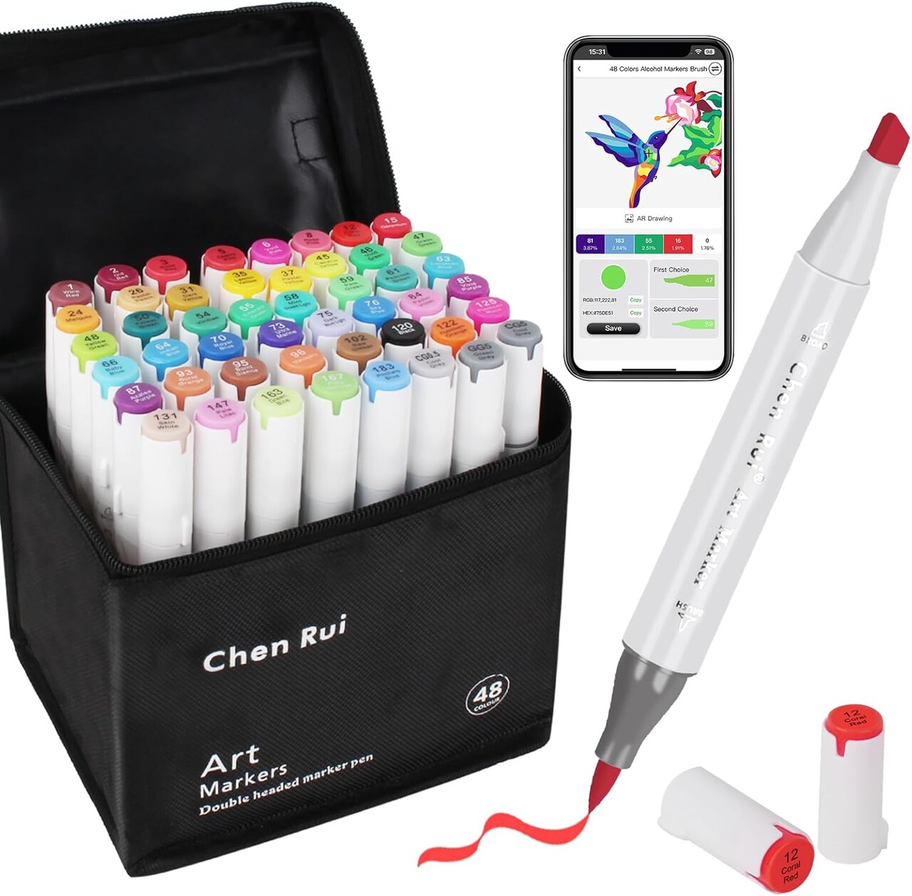 48-Color Dual-Tip Alcohol Marker Set – Brush & Chisel Tips with Free App for Drawing & Coloring